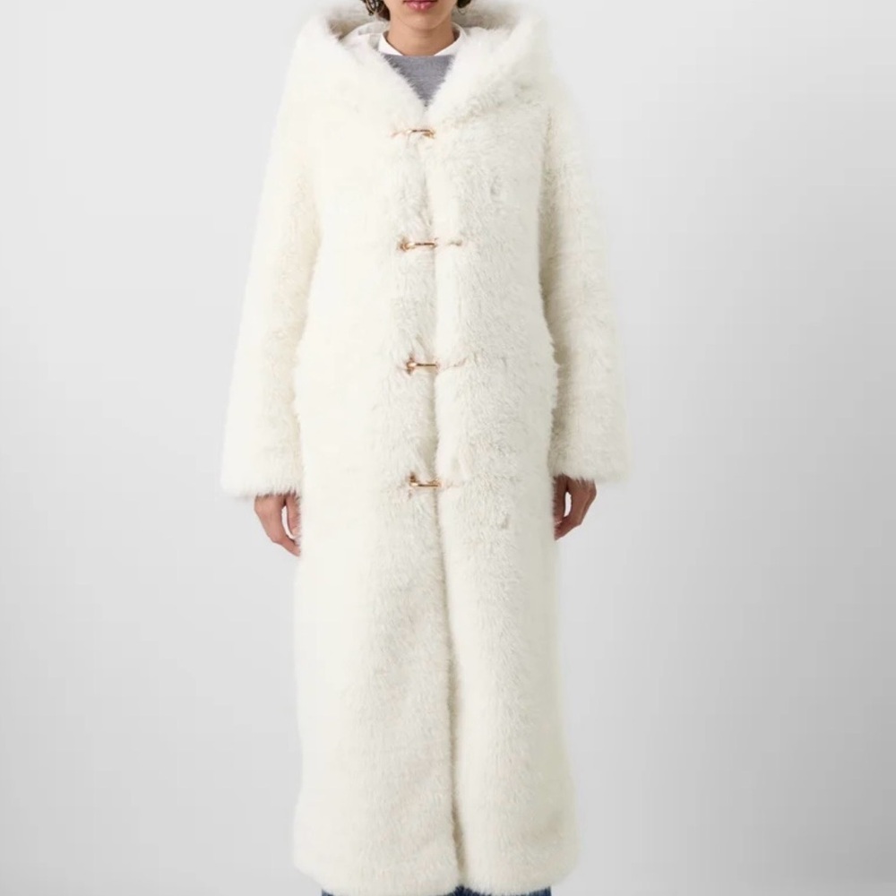 Long Hooded Faux Fur Toggle Coat in Ivory